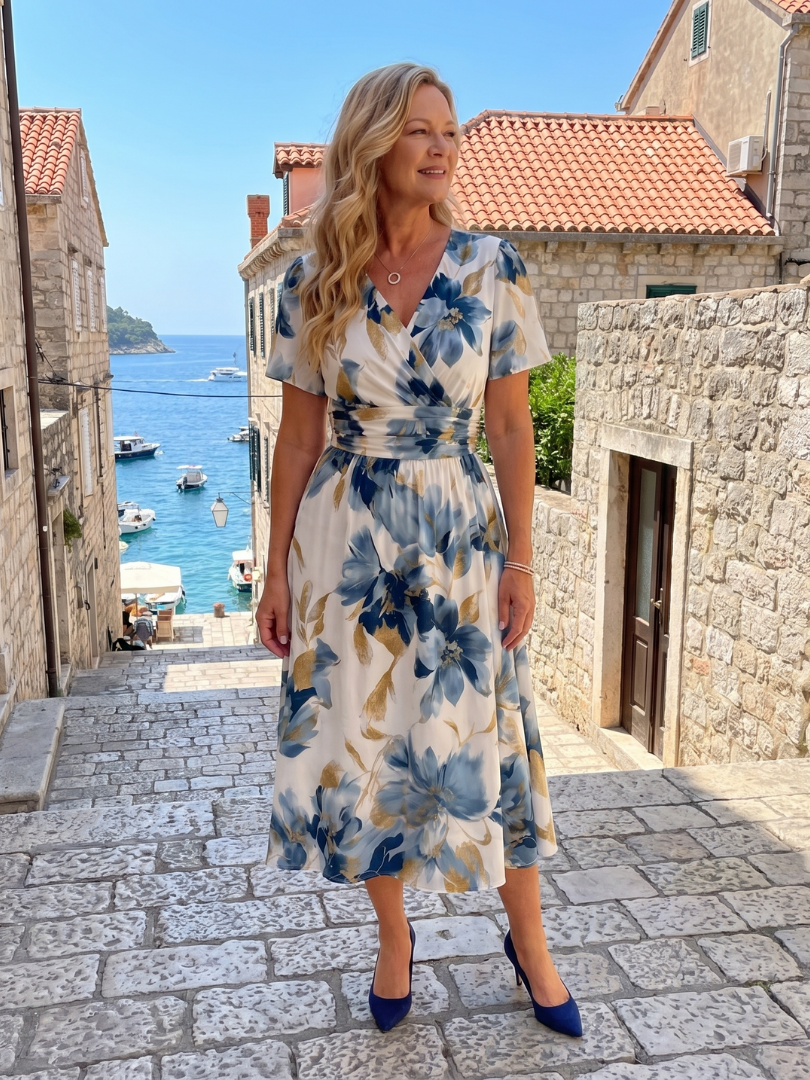 Stylish women's floral short sleeve wrap midi dress, a relaxed fit V-neck perfect for elegant casual summer events.