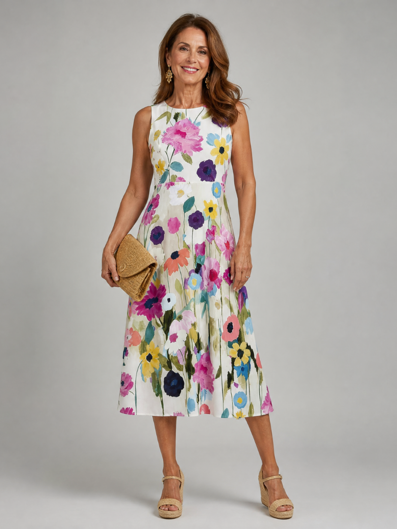 Women's floral print sleeveless midi dress with a round neck, perfect for summer casual wear.