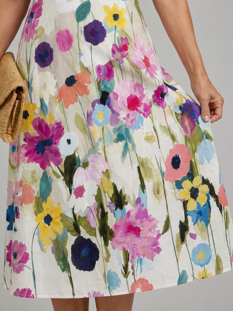 Relaxed fit women's sleeveless floral print midi dress, round neck design, comfortable for everyday wear.
