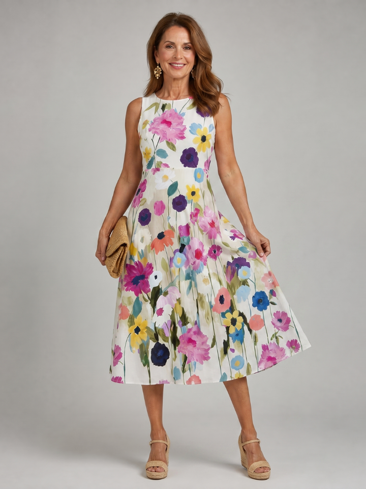 Back view of a women's floral print sleeveless midi dress, elegant round neck, versatile summer style.