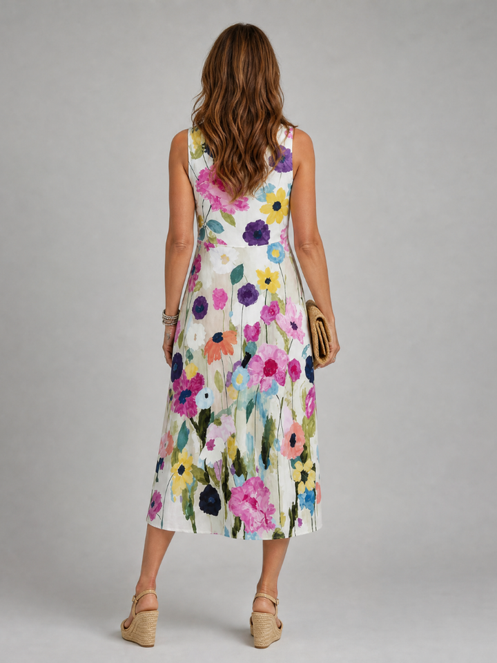 Stylish women's floral print sleeveless midi dress, round neck, perfect for chic summer casual outfits.