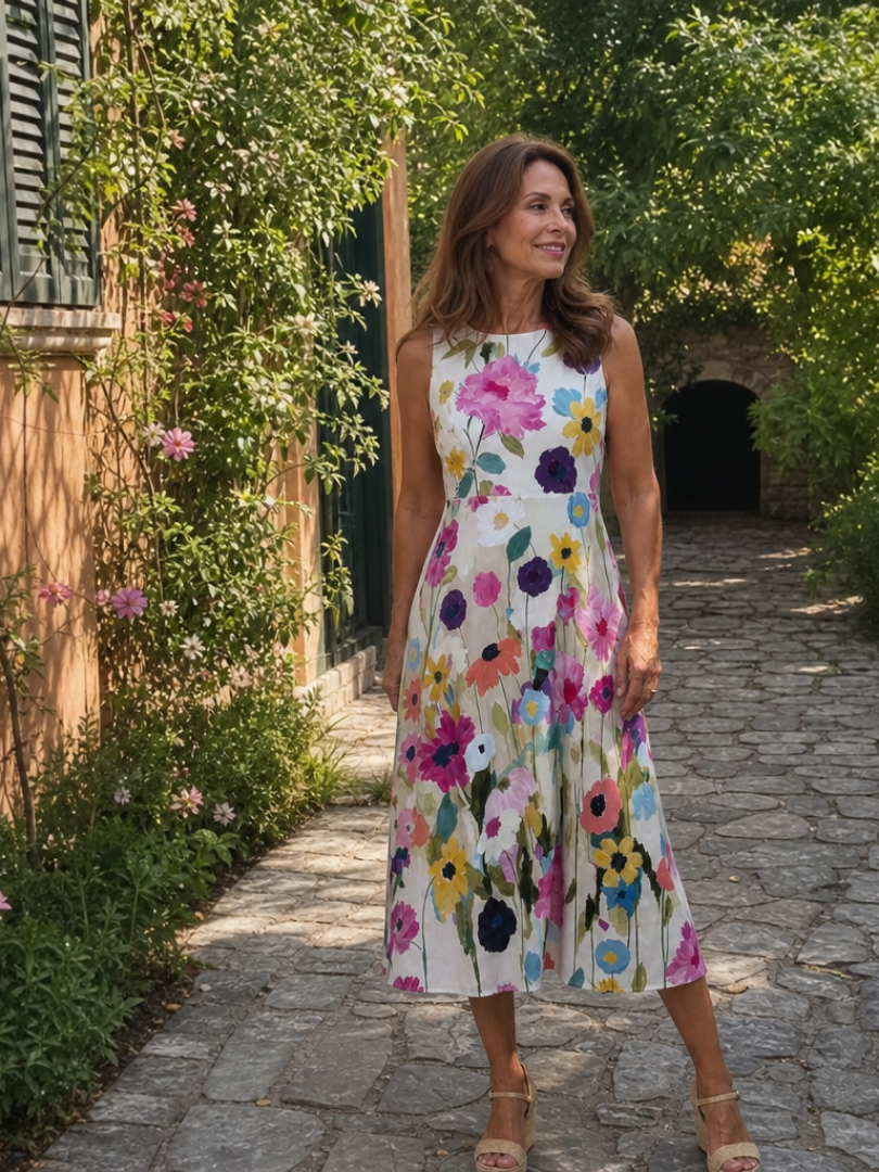 Comfortable women's floral print sleeveless midi dress, round neck, soft fabric for relaxed casual wear.
