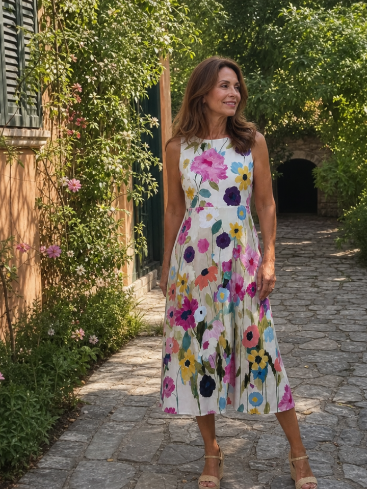 Comfortable women's floral print sleeveless midi dress, round neck, soft fabric for relaxed casual wear.