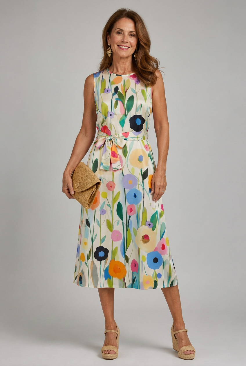 Trendy women's summer floral print sleeveless midi dress, round neck, ideal for warm weather fashion.