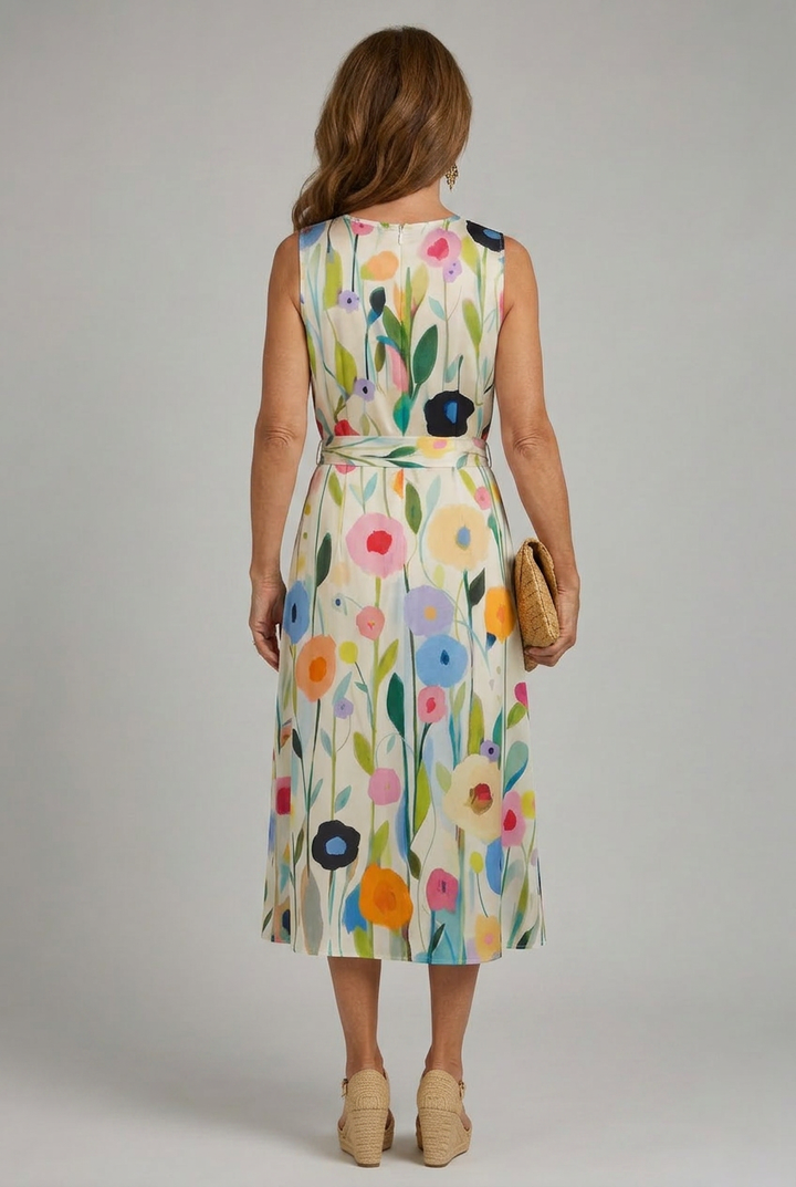 Versatile women's floral print sleeveless midi dress, round neck, great for casual and everyday occasions.