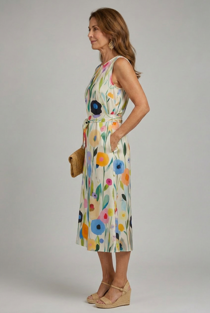 Vibrant women's floral print sleeveless midi dress, round neck, eye-catching pattern for a sunny day.