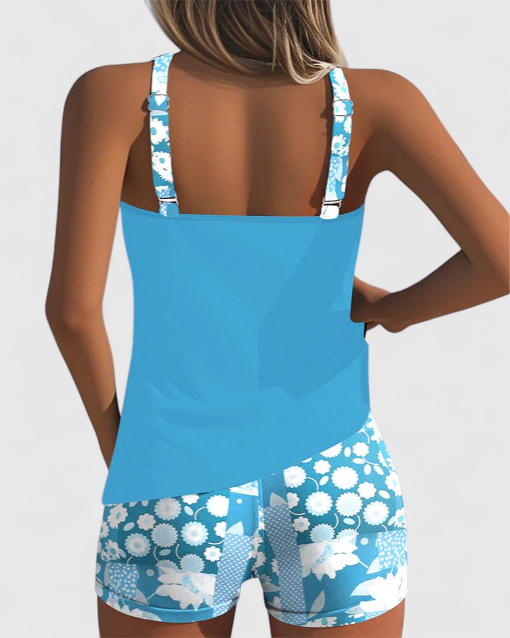 Comfortable women's floral print tankini swimsuit, chic summer resort wear.