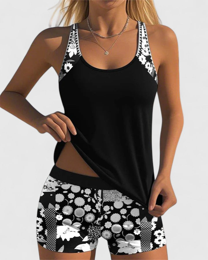 Vibrant floral print tankini set for women, perfect swimwear for summer vacation.