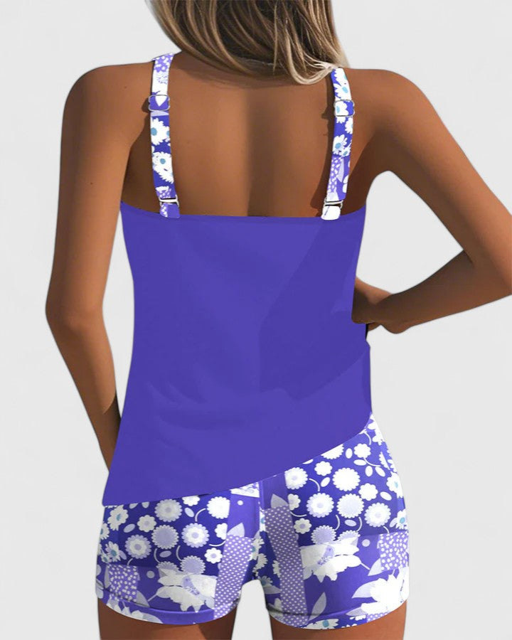 Elegant floral print tankini for women, a comfortable and stylish two-piece swimsuit.