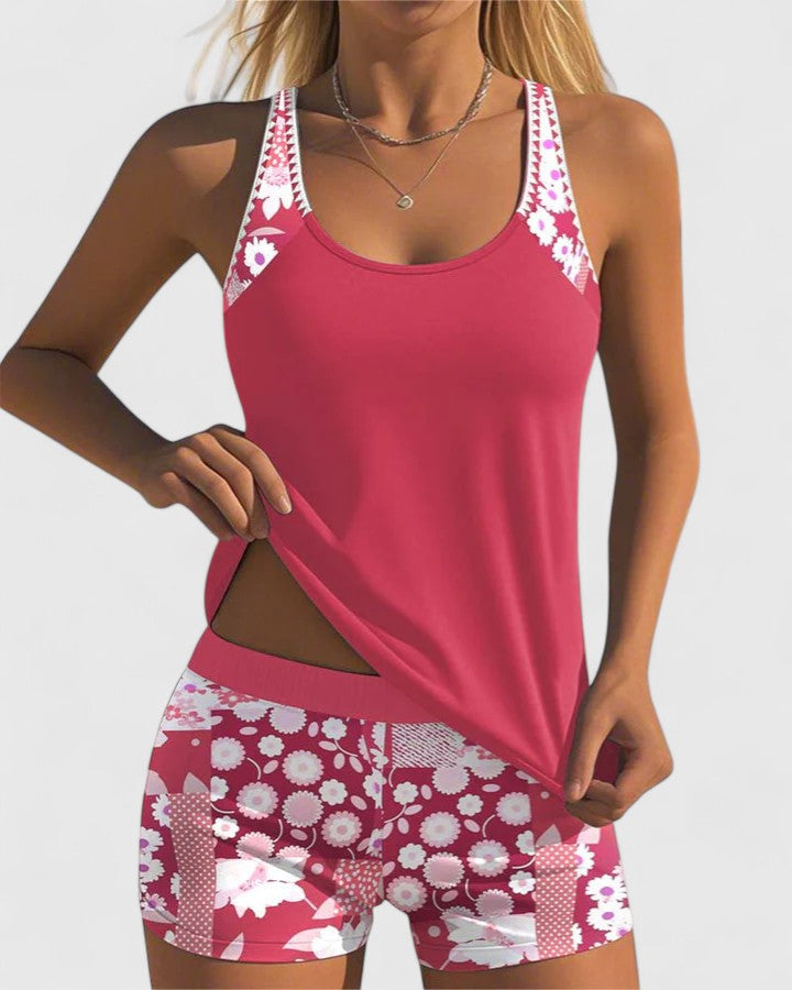 Women's two-piece floral print tankini swimsuit, stylish beach & vacation swimwear.
