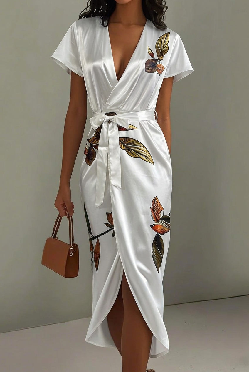 Women's floral print V-neck midi wrap dress with tie waist. Perfect for summer and elegant occasions.