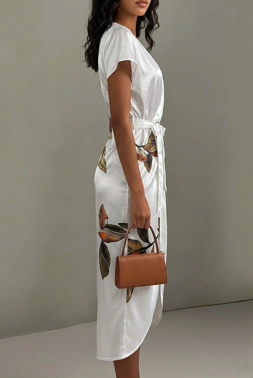 Elegant women's midi wrap dress, featuring a vibrant floral print and V-neck, ideal for day or evening wear.