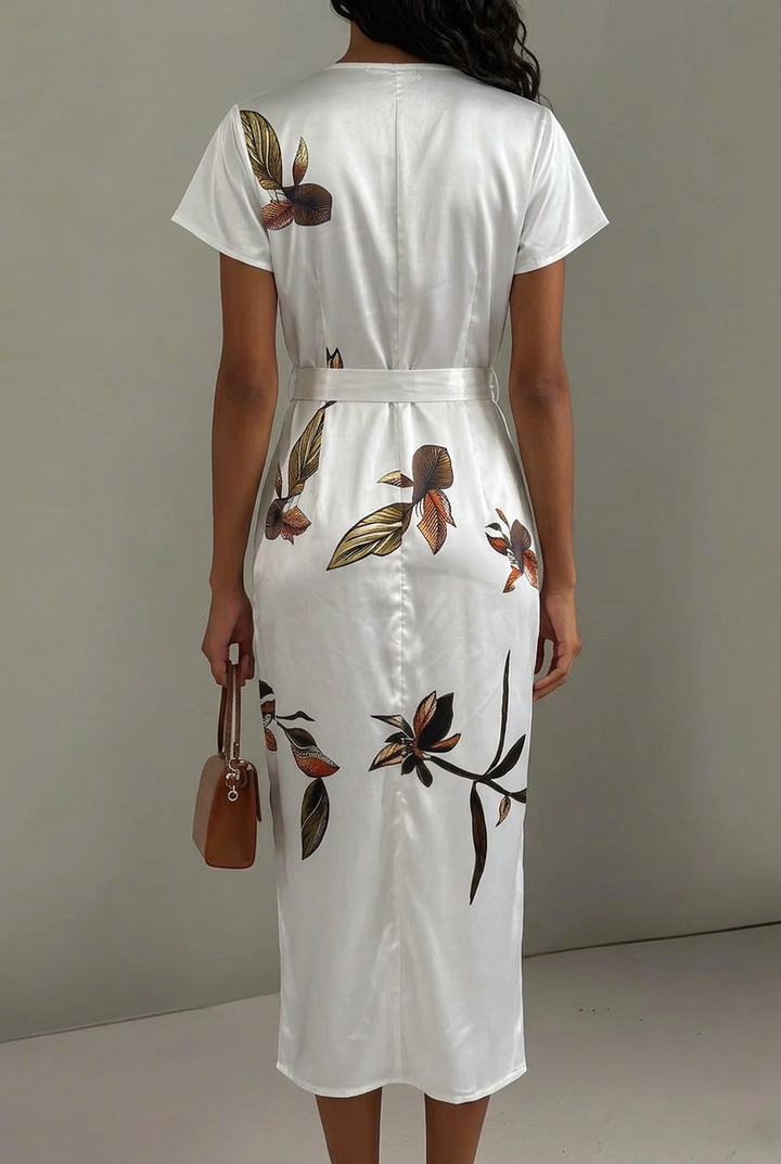 Close-up of a women's floral leaf print V-neck midi wrap dress, highlighting the vibrant summer pattern.