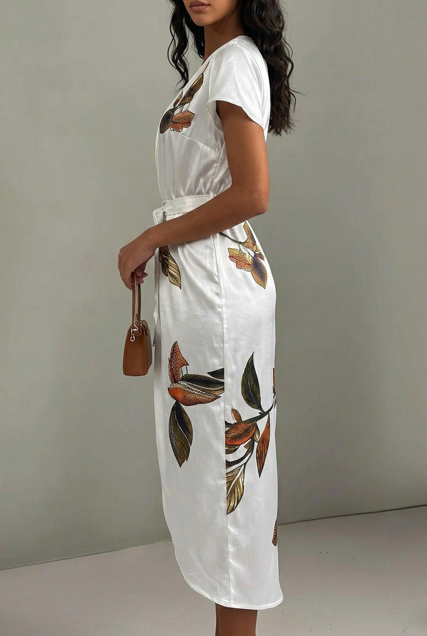 Full length view of a women's tie-waist floral print V-neck midi wrap dress, showcasing a flattering silhouette.