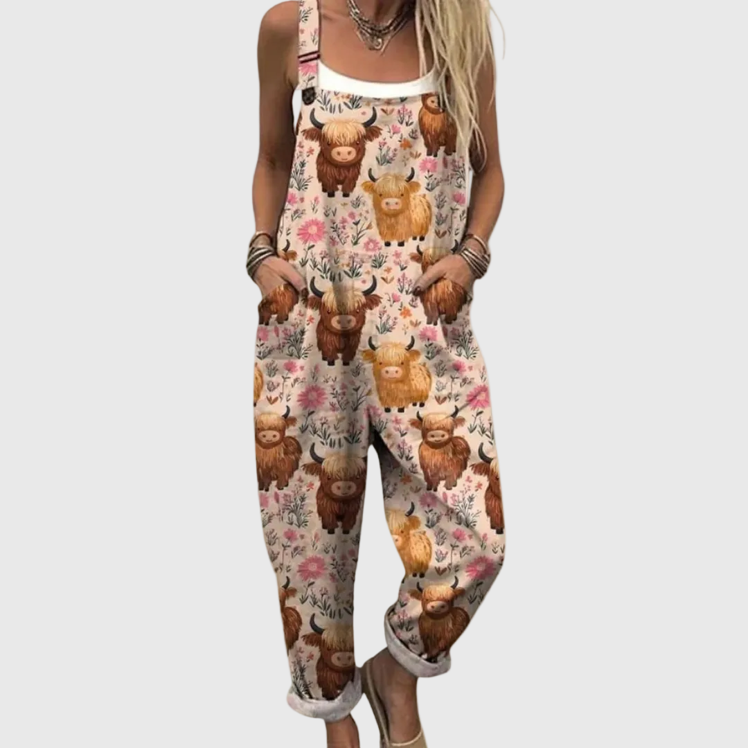 Women's floral printed wide-leg jumpsuit. Comfortable, relaxed fit for casual wear, summer fashion & travel.