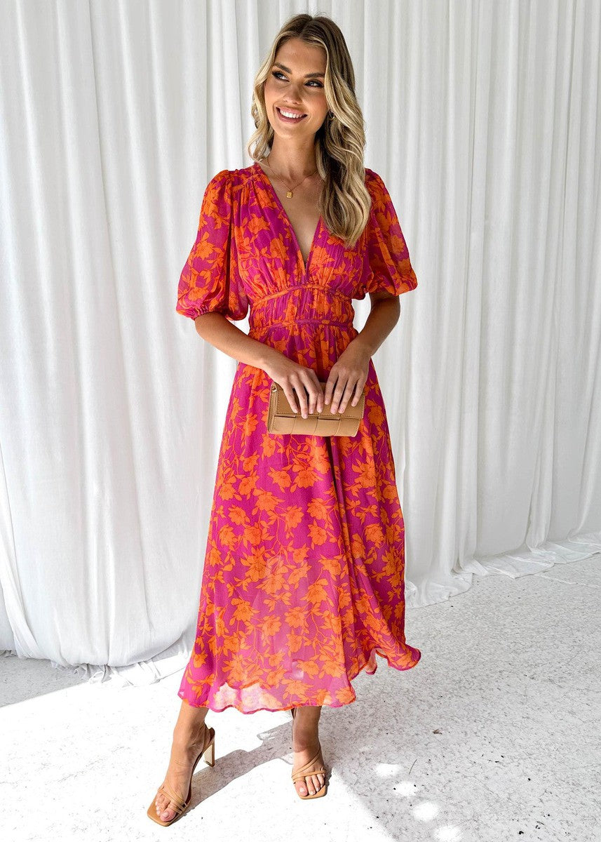Women's floral puff sleeve midi dress, an elegant choice for wedding guests & summer special occasions.