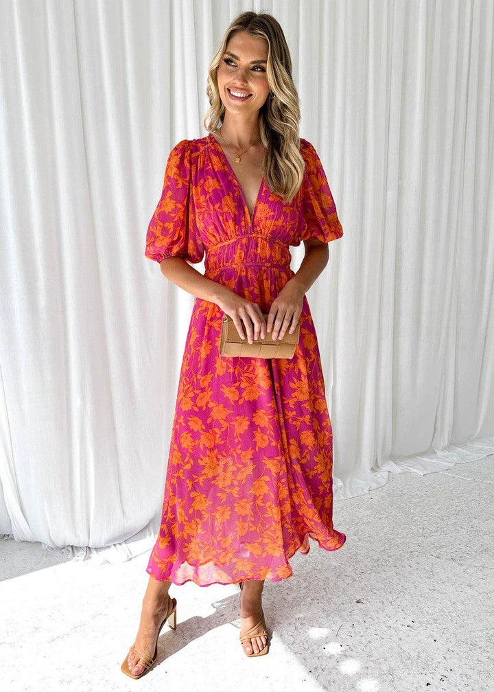 Women's floral puff sleeve midi dress, an elegant choice for wedding guests & summer special occasions.