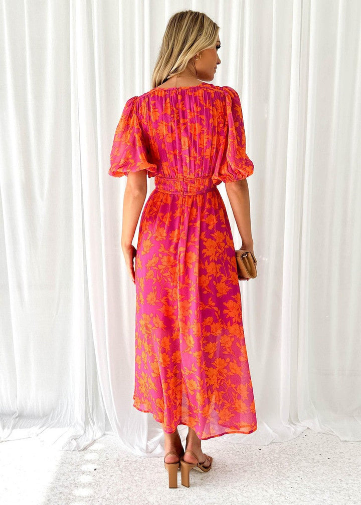 Feminine floral puff sleeve midi dress for women, ideal for wedding guests, parties, or summer elegant events.