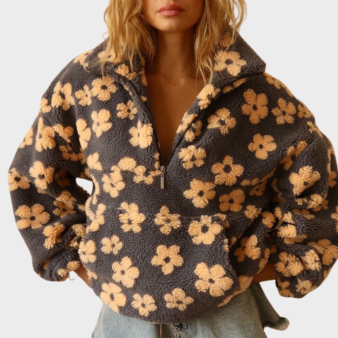 Women's floral quarter zip sweater, relaxed fit, perfect for casual spring & fall comfort.
