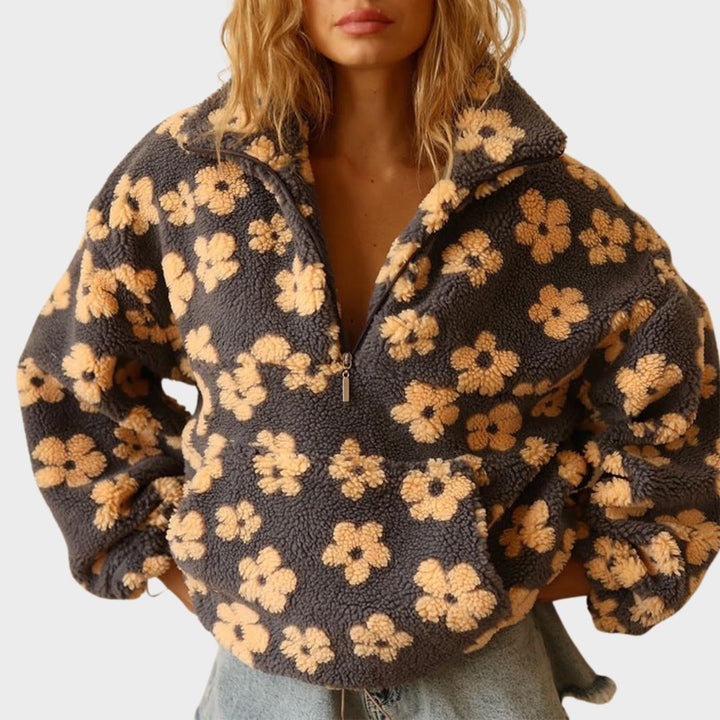 Women's floral quarter zip sweater, relaxed fit, perfect for casual spring & fall comfort.
