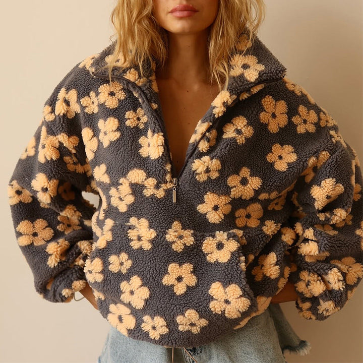 Chic women's floral quarter zip pullover sweater, ideal for fall fashion & spring style.