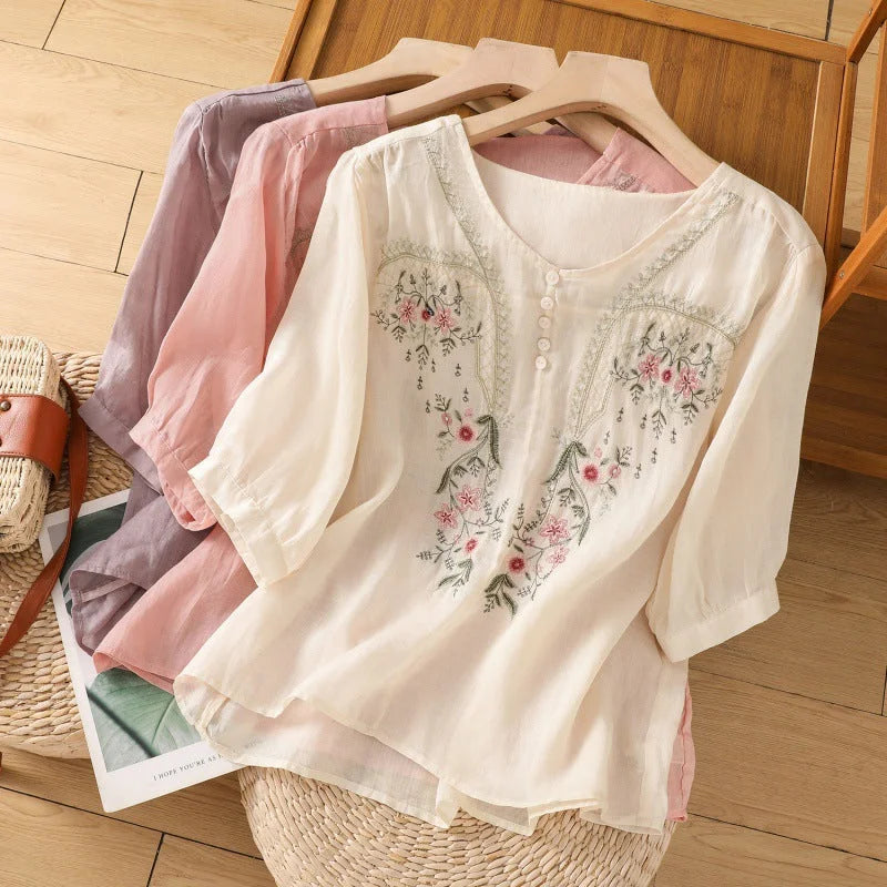Women's floral relaxed fit V-neck blouse with 3/4 sleeves. Stylish summer casual top for comfort.