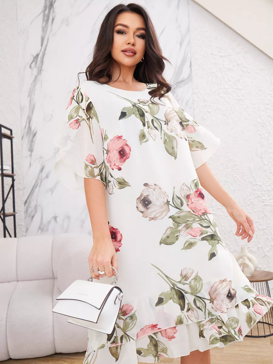 Elegant A-line women's floral dress featuring short sleeves and a beautiful ruffle hem, perfect for any occasion.