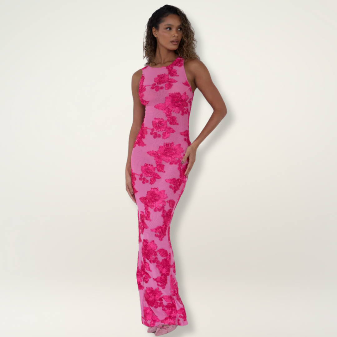 Women's floral sleeveless maxi dress in pink, perfect for summer elegance & occasion wear.