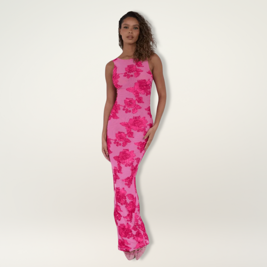 Elegant pink floral maxi dress for women, sleeveless and fitted, ideal for summer occasions.
