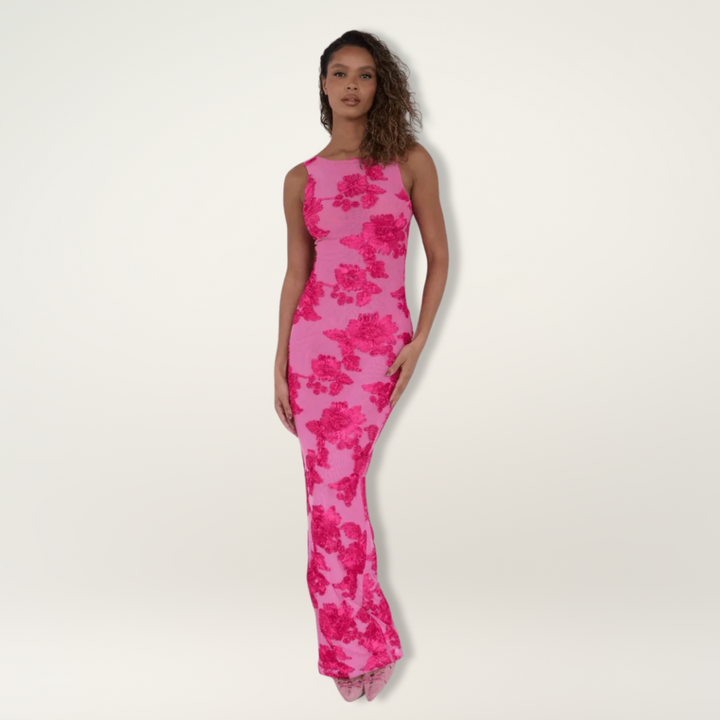 Elegant pink floral maxi dress for women, sleeveless and fitted, ideal for summer occasions.