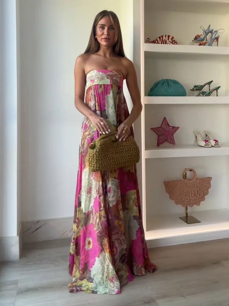 Vibrant floral print strapless maxi dress for women, ideal for special occasions & evening wear.
