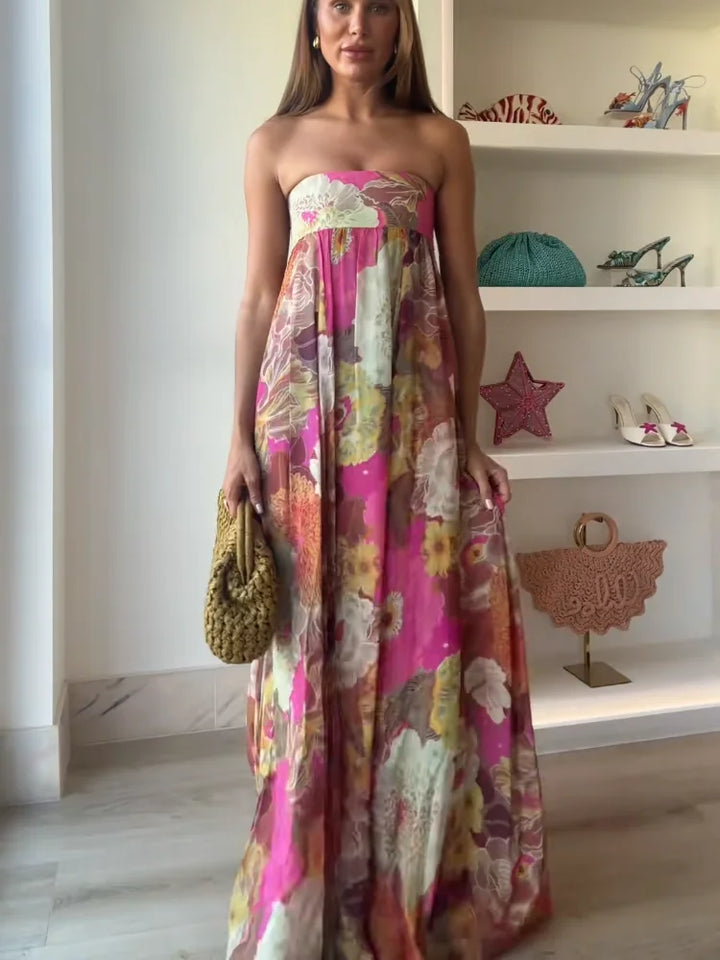 Chic women's floral strapless maxi dress, perfect formal attire for weddings & elegant events.