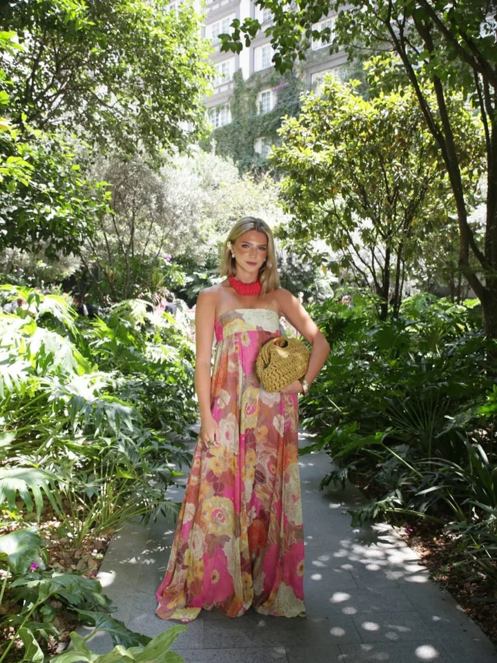 Gorgeous women's floral maxi dress, strapless style, offering wedding guest elegance & party readiness.