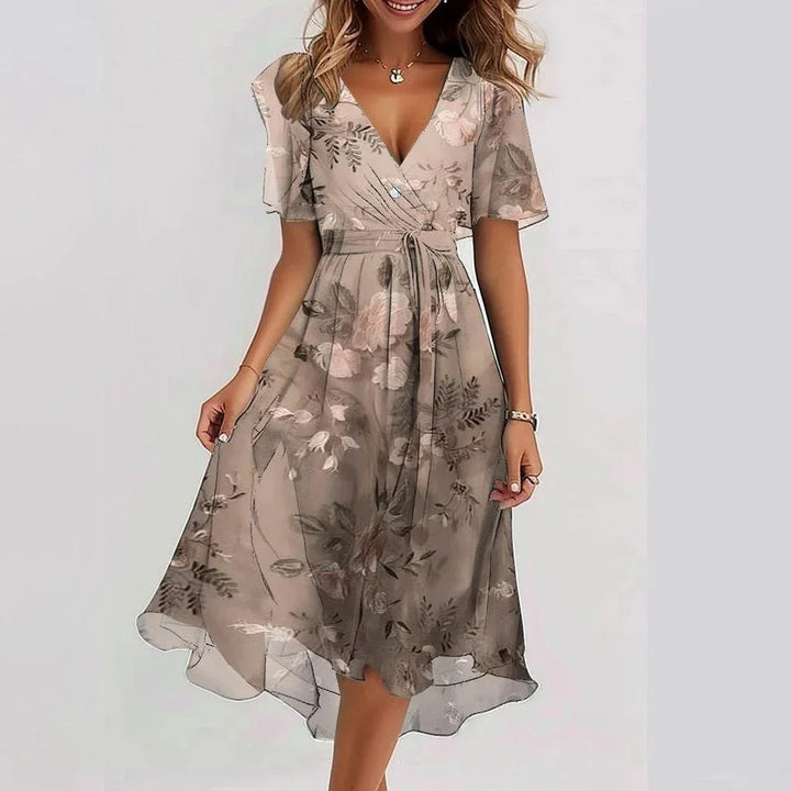 Stylish women's floral midi dress, V-neck wrap design with flutter sleeves, perfect for elegant summer wear.