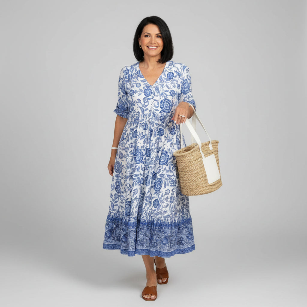 Women's floral tiered midi summer dress with V-neck and 3/4 sleeves