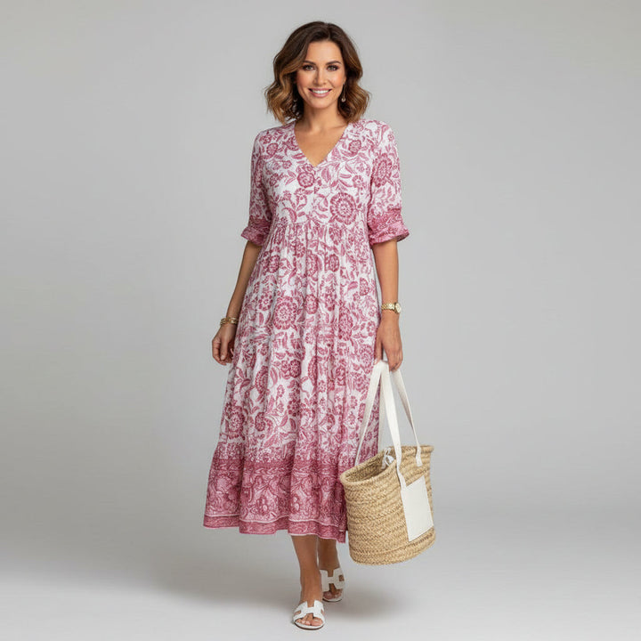 V-neck 3/4 sleeve floral summer dress, ideal for garden parties