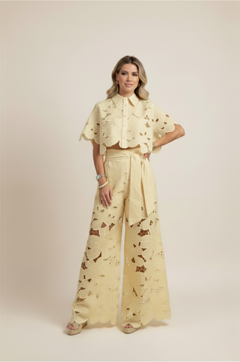 Vibrant floral embroidered two-piece set with flowy wide-leg pants & a matching top for women's style.