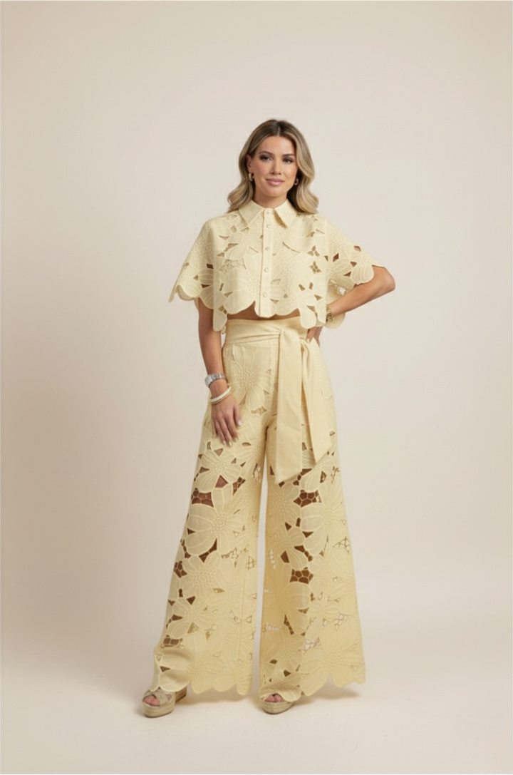 Vibrant floral embroidered two-piece set with flowy wide-leg pants & a matching top for women's style.