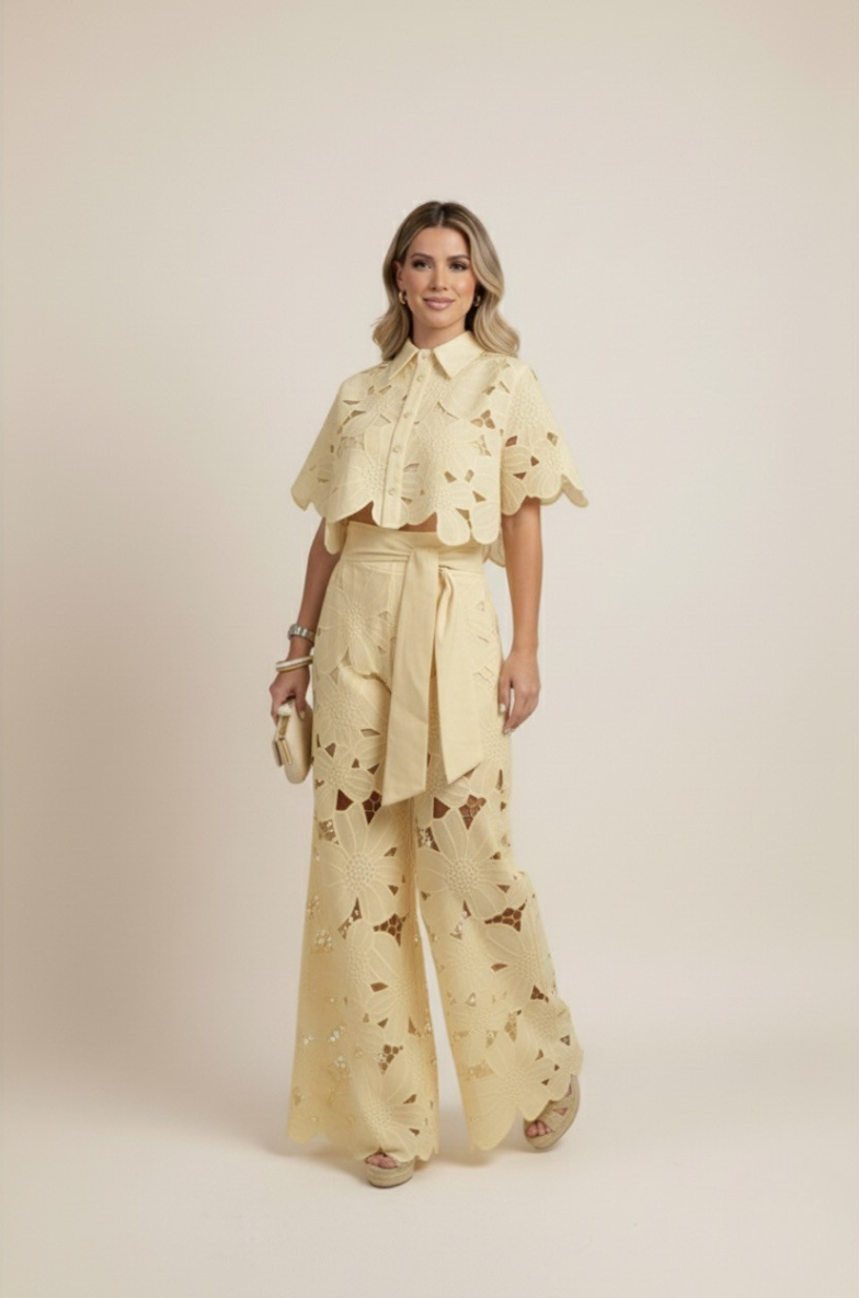 Women's floral embroidered two-piece set with wide-leg pants, a chic summer matching outfit.