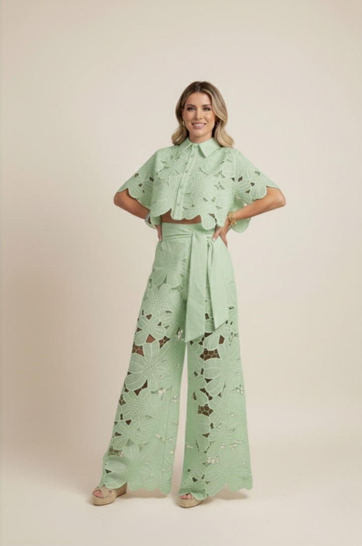 Elegant women's two-piece set, featuring floral embroidery and chic wide-leg pants, perfect for resort wear.