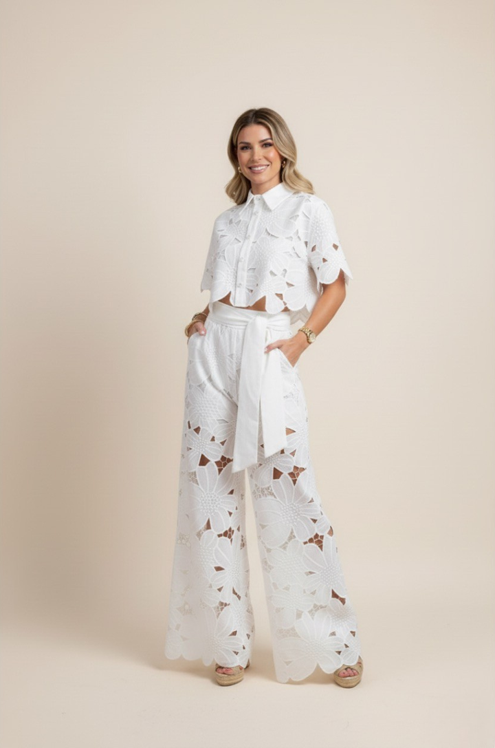Elegant embroidered floral two-piece set for women, featuring chic wide-leg pants & matching top.