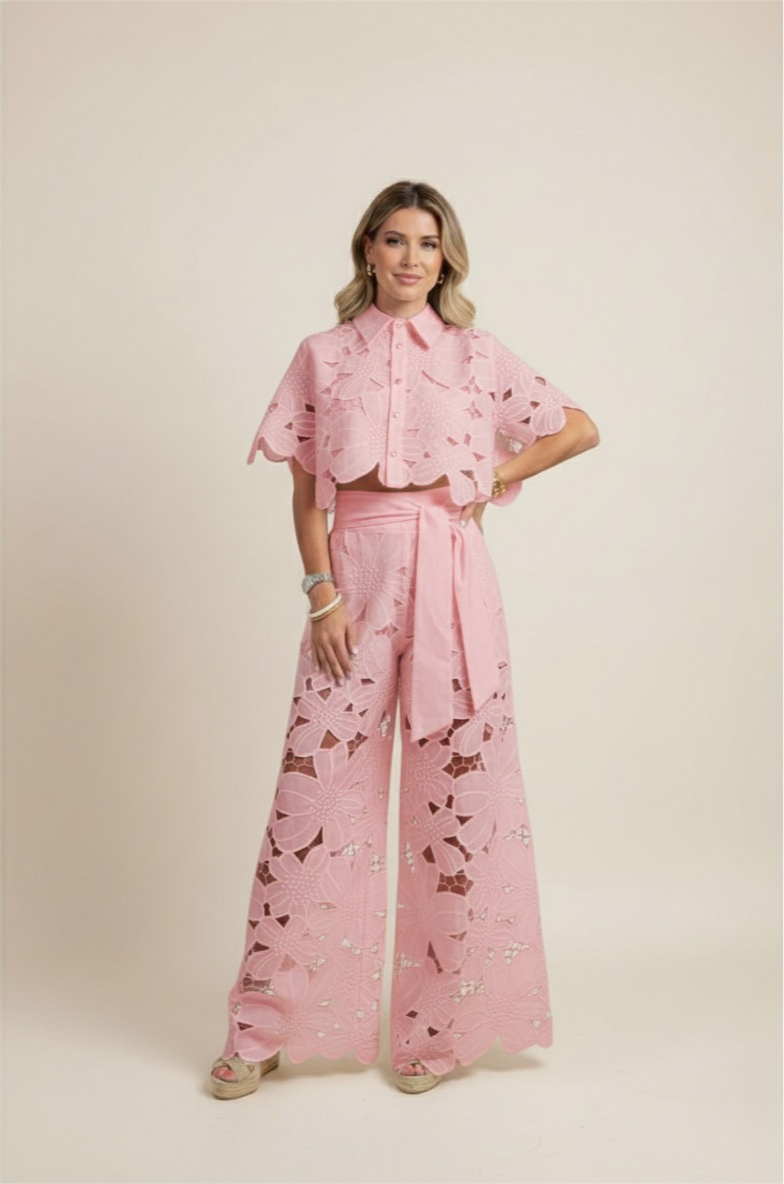 Stylish women's floral embroidered two-piece set with wide-leg pants. Great for spring & summer fashion.
