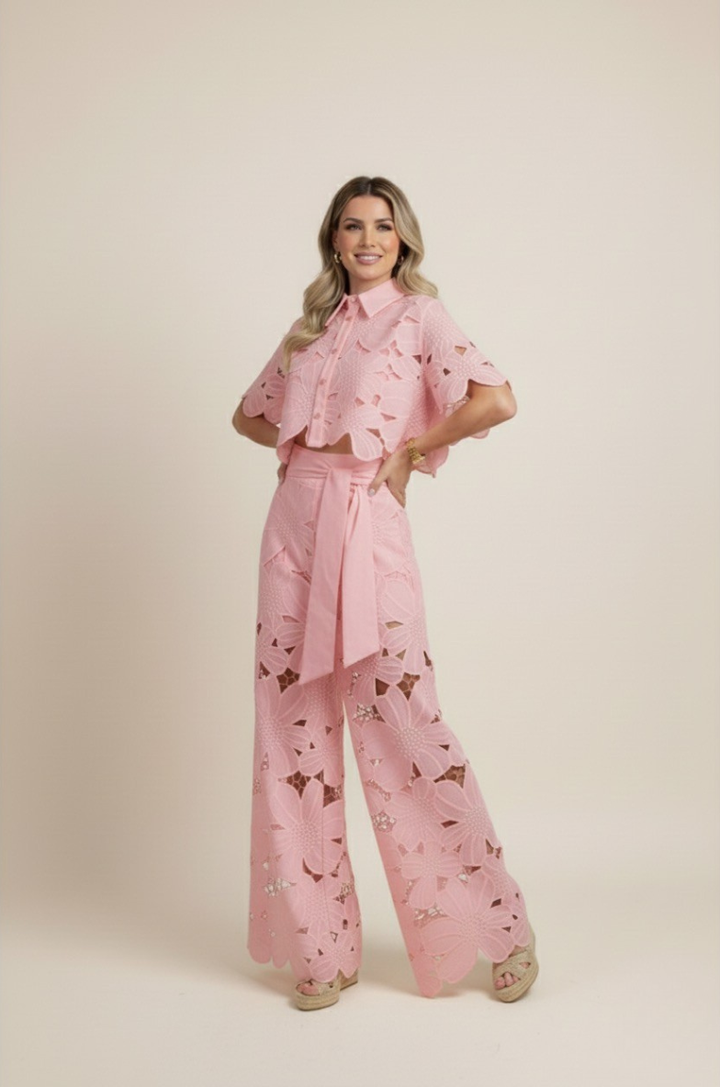 Beautiful floral matching two-piece set for women. Features embroidered top & wide-leg palazzo pants.
