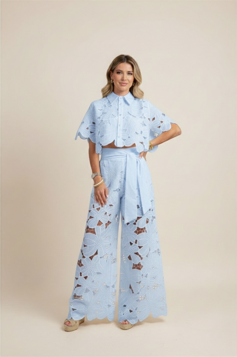 Embroidered floral crop top with matching wide-leg pants. A stylish two-piece set for women's fashion.