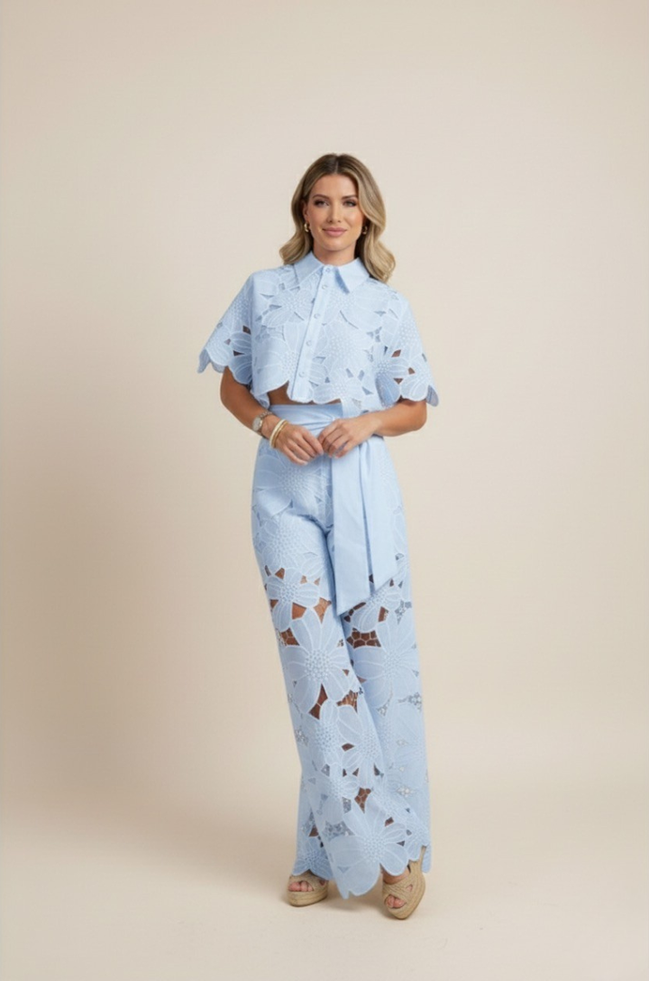 Stunning women's embroidered floral wide-leg two-piece set, perfect for elegant events & resort trips.