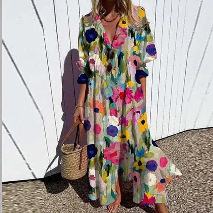 Women's floral V-neck long sleeve maxi dress for elegant casual wear. Perfect for spring & summer vacation.