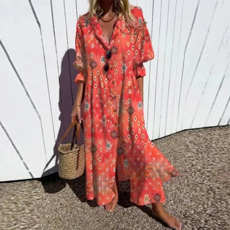 Comfortable long sleeve floral maxi dress for women. V-neck design, perfect for casual spring & summer days.