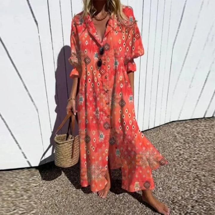 Comfortable long sleeve floral maxi dress for women. V-neck design, perfect for casual spring & summer days.