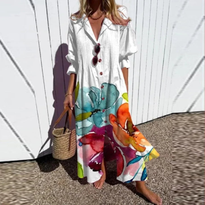 Stylish women's floral V-neck maxi dress with long sleeves. Elegant & comfortable for spring, summer, or vacation.