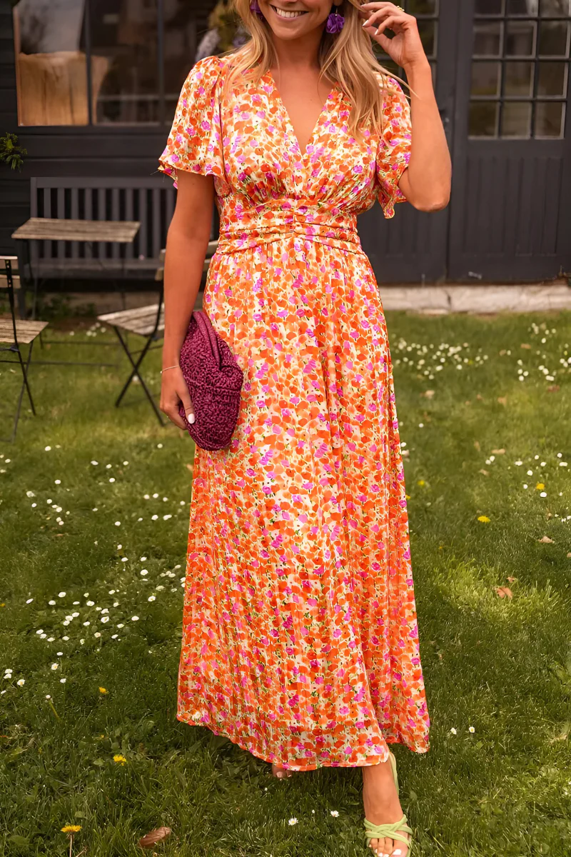 Women's floral V-neck maxi dress, perfect for wedding guests, parties, & summer occasions.
